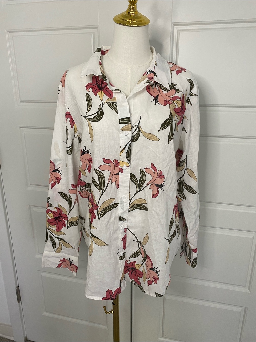 Liz Claiborne Linen Cotton Floral Button Down Shirt XL Coastal